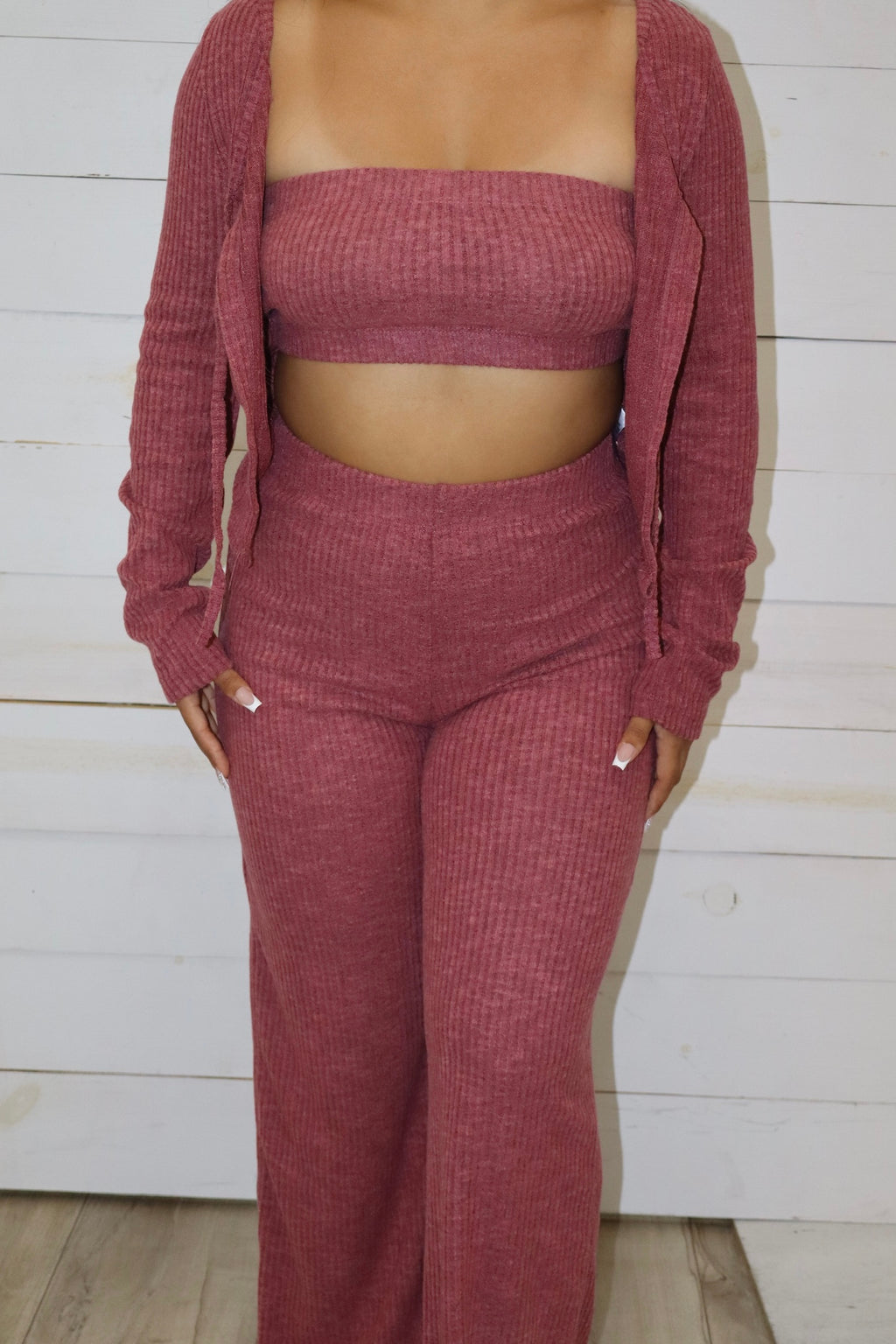 Flyaway Ribbed Cardigan 3pc Loungewear Set